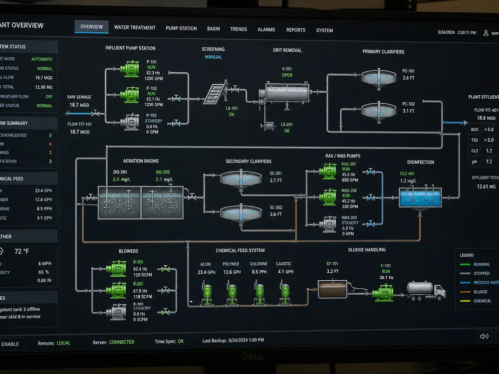 SCADA monitor displaying industrial process schematic with tanks, pumps, and live values