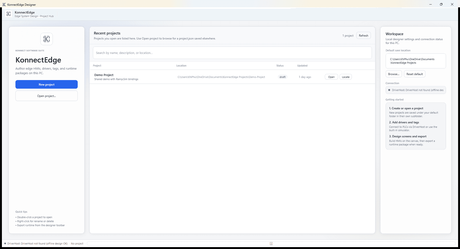 KonnectEdge Designer project hub with recent projects