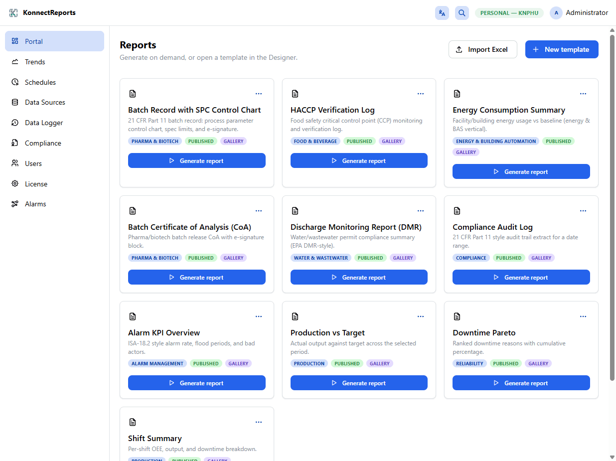 KonnectReports portal with industrial report templates