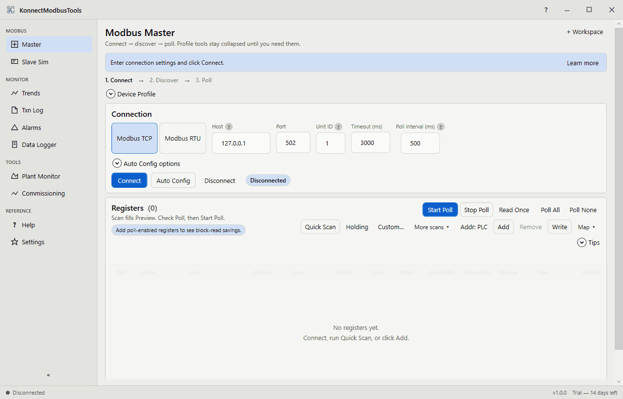 KonnectModbusTools Modbus Master connection and register workspace